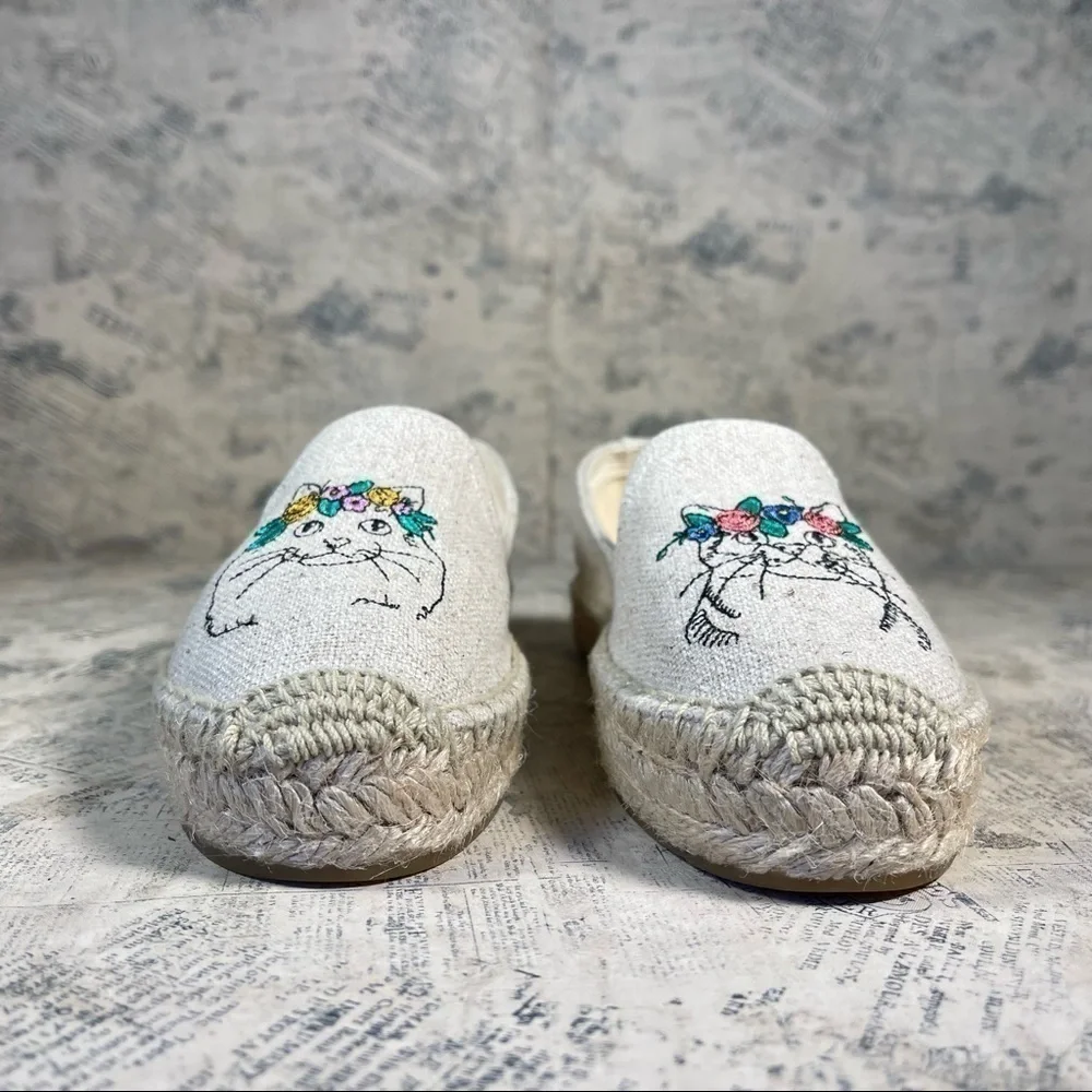 Soludos Cat Embroidered Espadrille Flats Canvas Jute Sole Summer Shoes